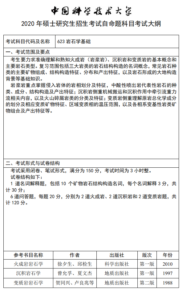 中国科学技术大学2020岩石学基础考试大纲
