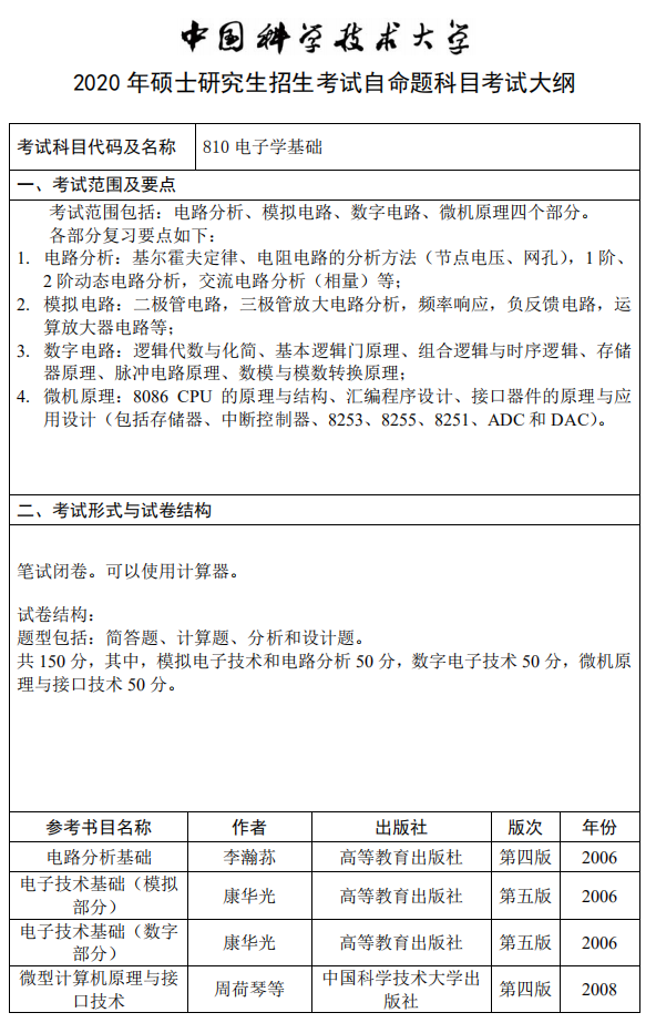 中国科学技术大学2020电子学基础考试大纲