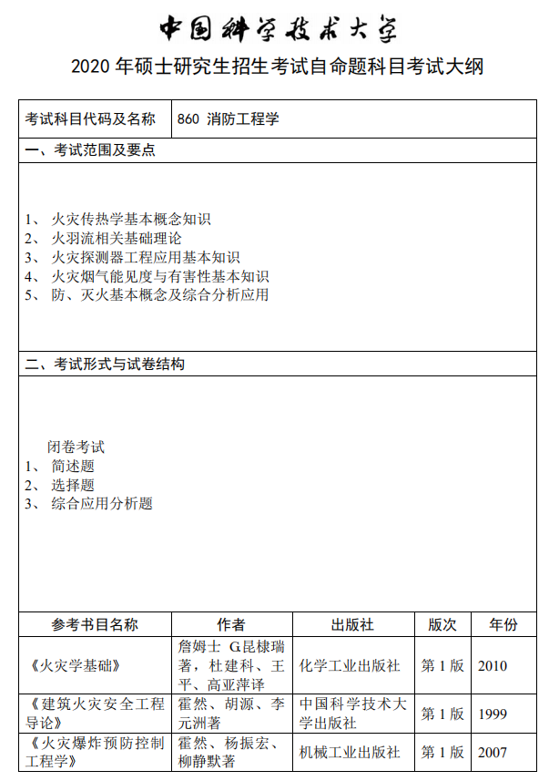 中国科学技术大学2020消防工程学考试大纲