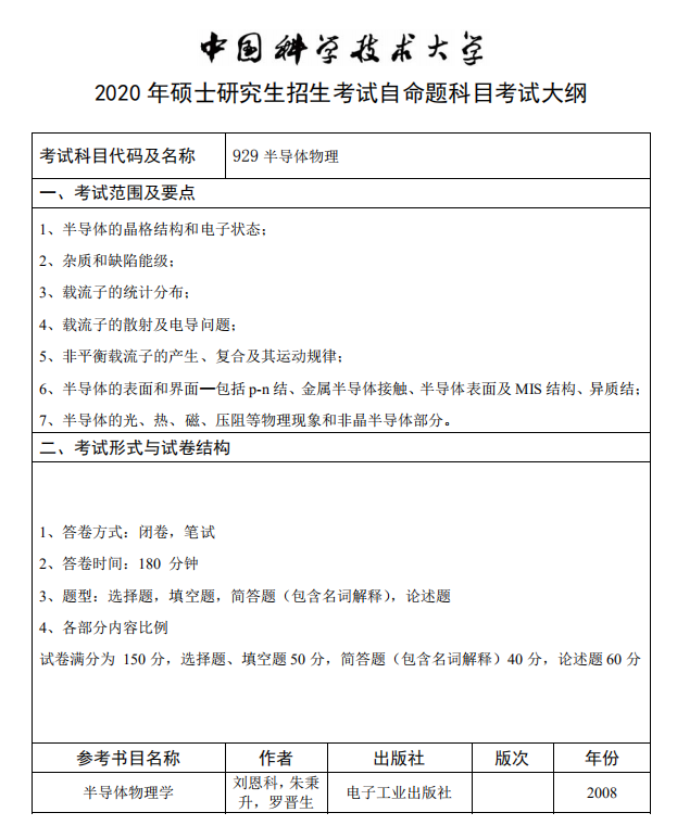 中国科学技术大学2020半导体物理考试大纲