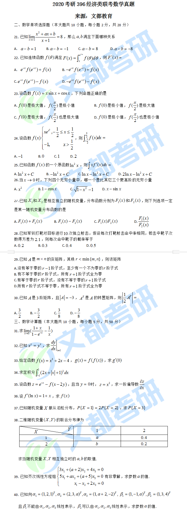 2020考研396经济类联考