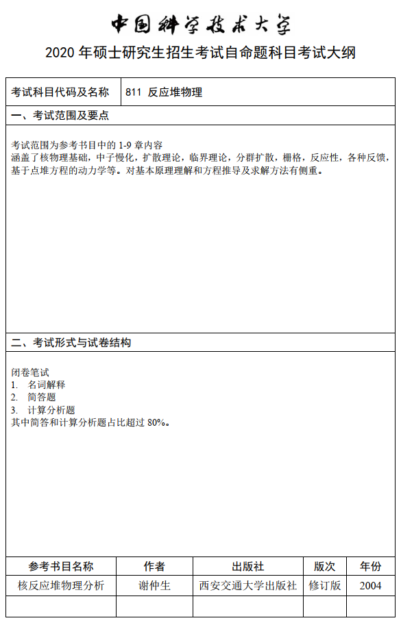 中国科学技术大学2021反应堆物理考研大纲