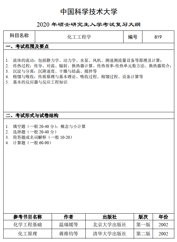 中国科学技术大学2021化工工程学考研大纲