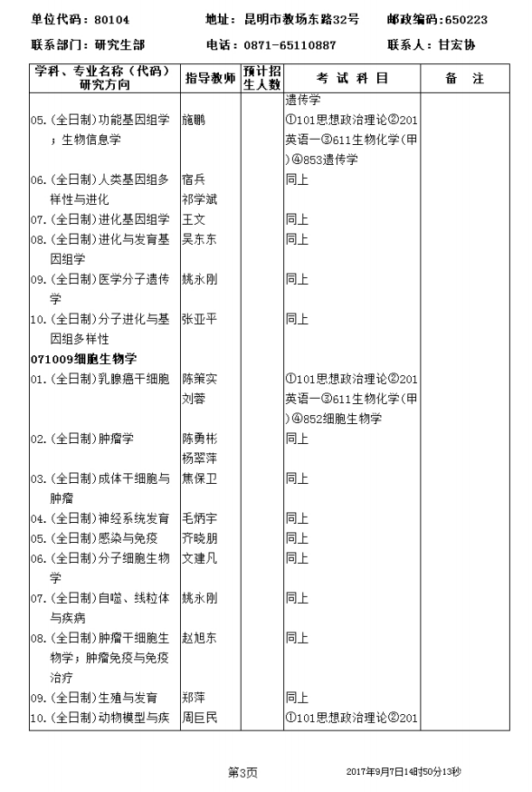 中科院昆明动物研究所2018研究生招生专业目录