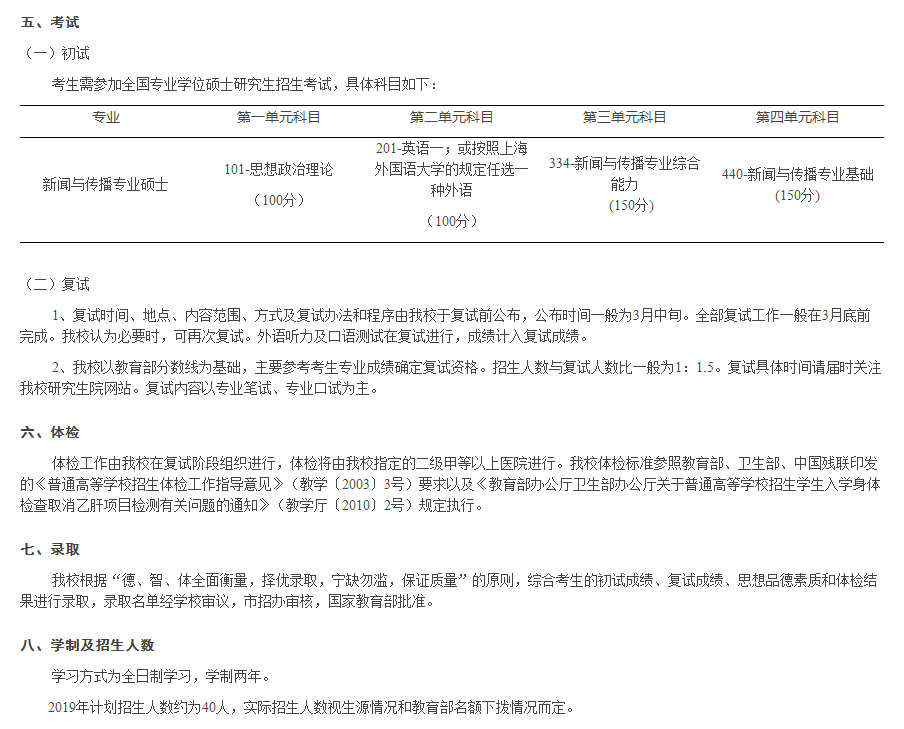 上海外国语大学新闻与传播硕士专业2019硕士研究生招生简章