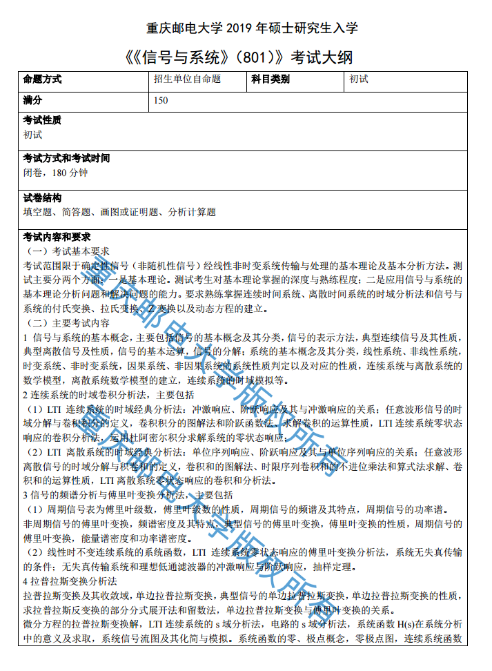 重庆邮电大学通信与信息工程学院2019考研大纲
