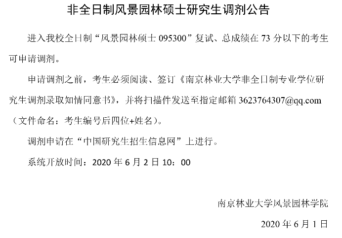 南京林业大学风景园林学院2020考研(非全)调剂信息公告