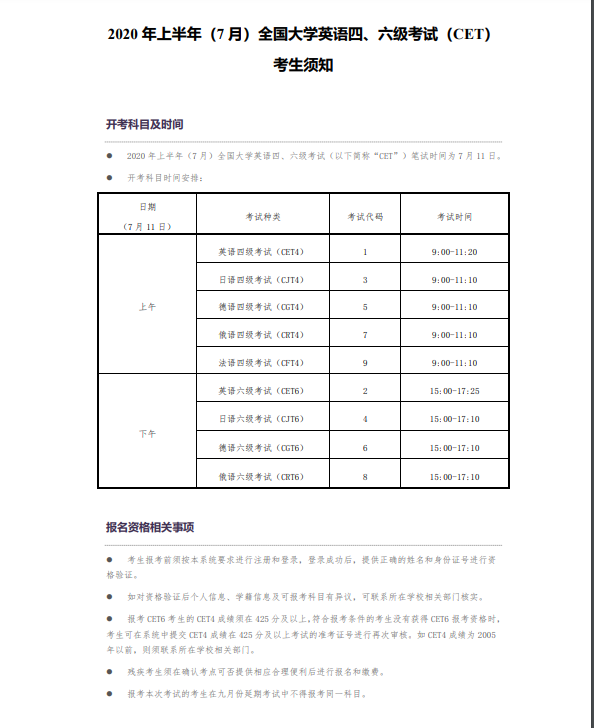 教育考试网：2020年7月全国大学英语四六级考试生须知