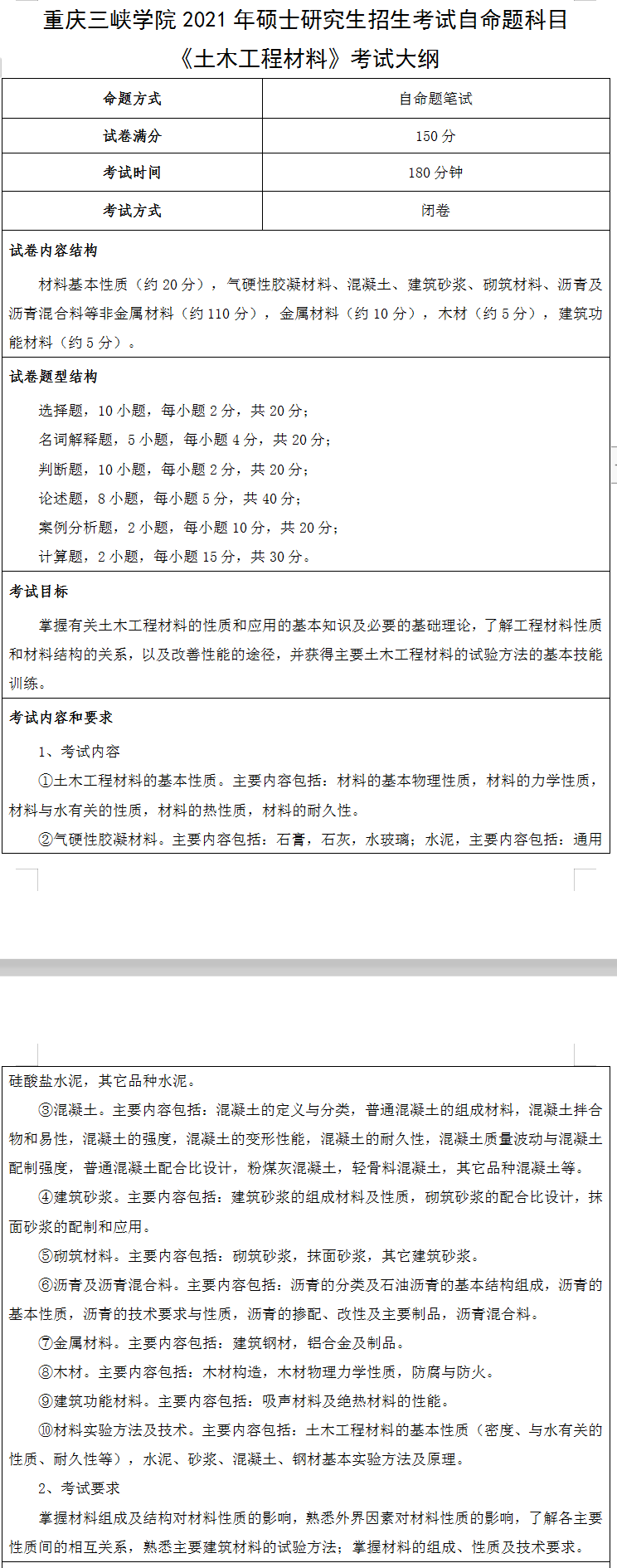 重庆三峡学院土木工程材料2021考研自命题科目考试大纲