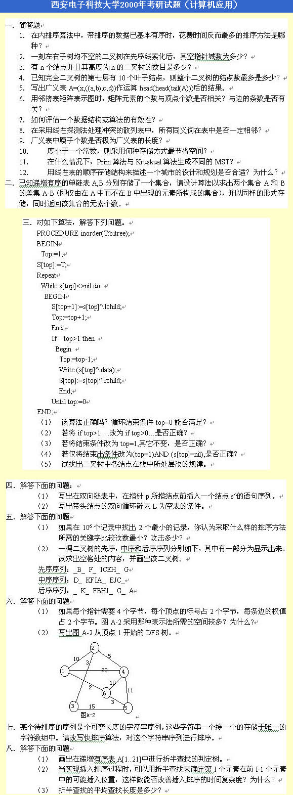 考研专业课：西安电子科技大学计算机真题（2000）