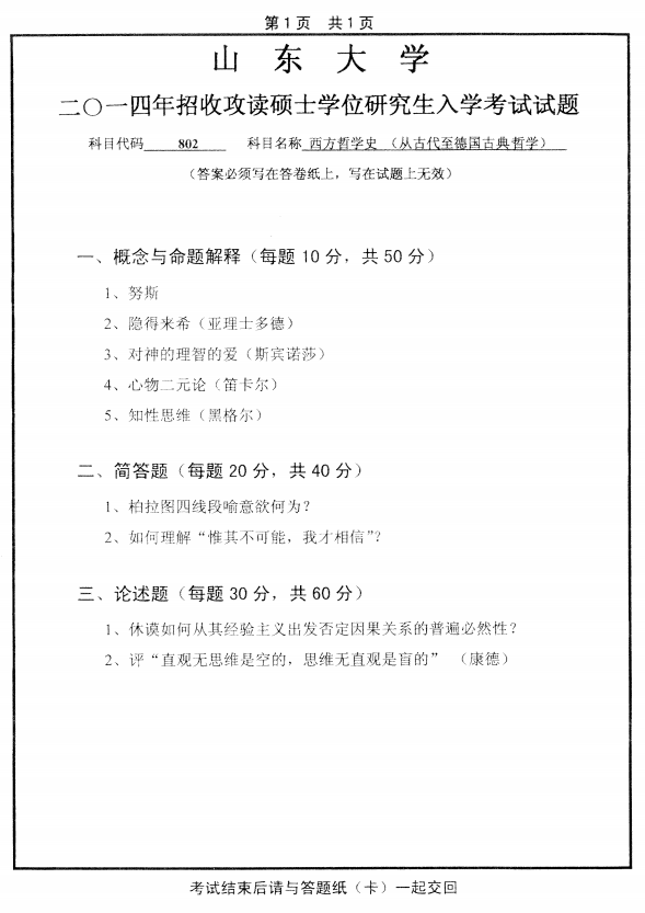 历年考研专业课真题:山东大学2014自科目(西方哲学史)