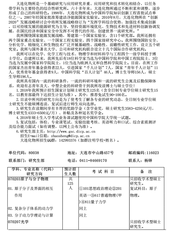 中科院大连化学物理研究所2018研究生招生专业目录