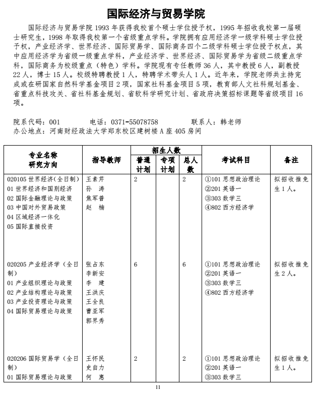 河南财经政法大学2018研究生招生专业目录