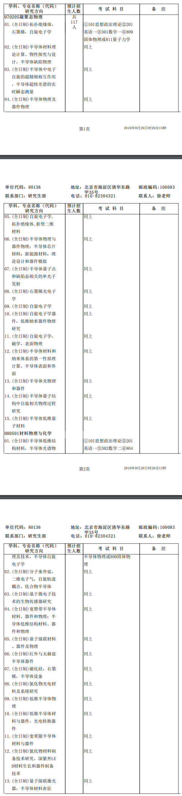 中科院半导体研究所2020研究生招生专业目录